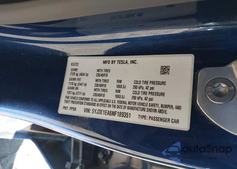 2022 Tesla Model 3 Rear-Wheel Drive из США, поврежденный, VIN 5YJ3E1EA8NF189351